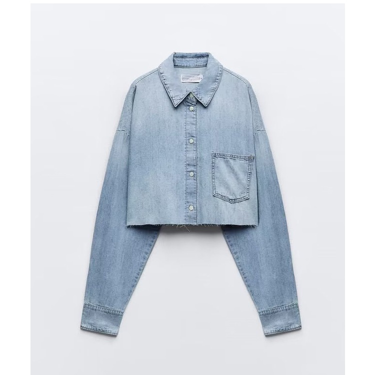 Zara Áo Sơ Mi denim Dáng Ngắn Thời Trang Mùa Thu Dành Cho Nữ8197470