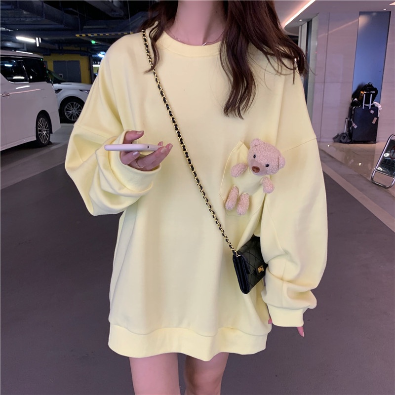 Áo Thun Nỉ Tay Dài In Hình Gấu Thời Trang Mùa Thu 2021 Phong Cách Mới Cho Nữ