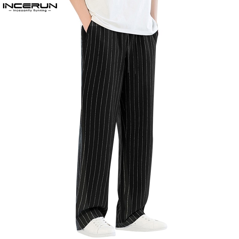 INCERUN Quần Dài Vải Lanh cotton Ống Suông Họa Tiết Kẻ Sọc Cho Nam