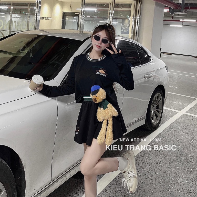 Set áo dài tay mix chân váy phối kẻ kèm gấu siêu hot BN572CCC