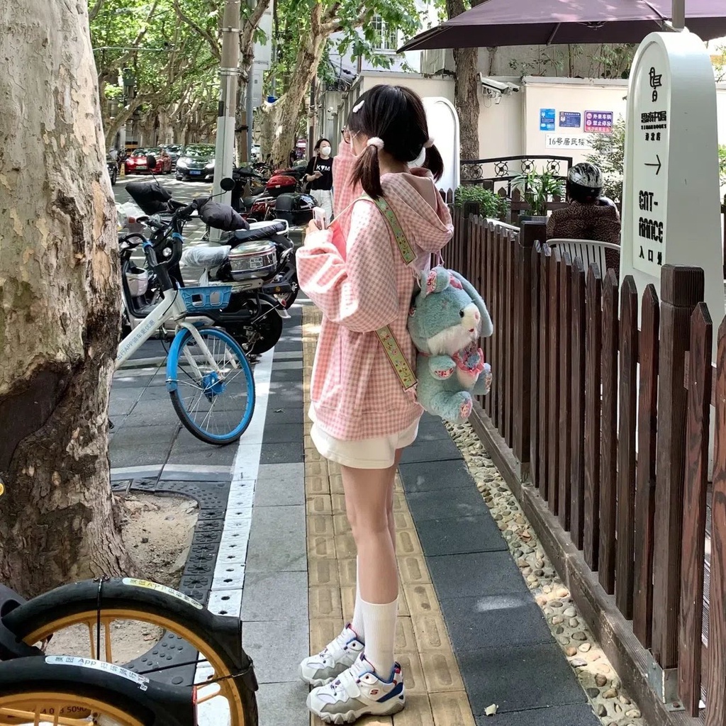 Áo Khoác Hoodie Mỏng Dáng Rộng Thêu Hình Bánh Dâu Tây / Trái Tim Phối Khóa Kéo Kiểu Nhật Bản Thời Trang Xuân Thu Cho Nữ