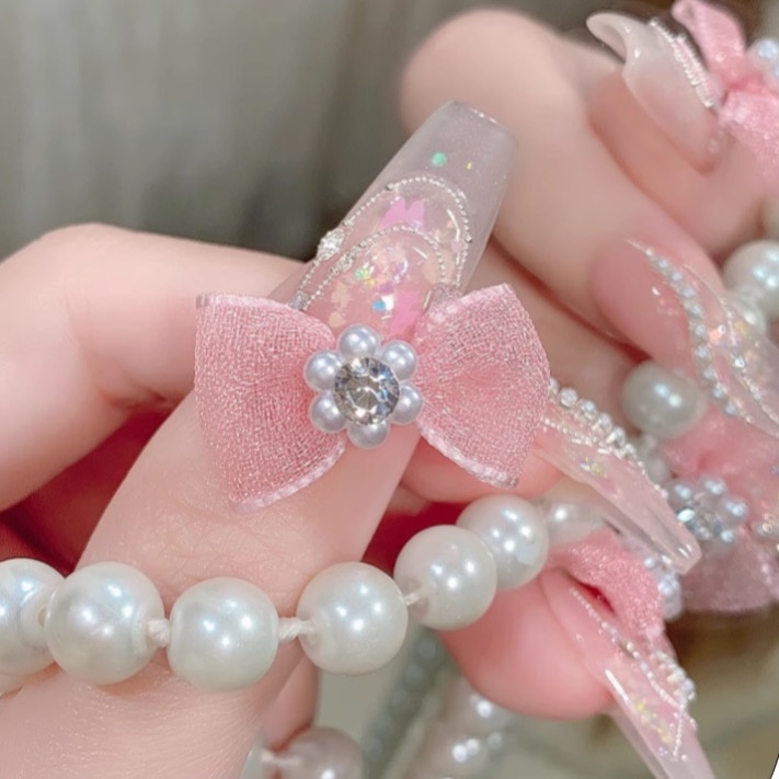 Nơ Vải Lưới Ngọc Trai Kim Cương Cổ Tích | Trang Trí Móng Tay NZ34