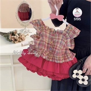 Set áo váy 2 dây caro váy tầng hồng phồng nhẹ
