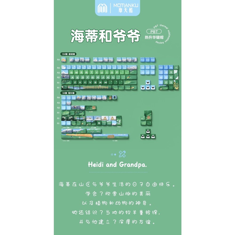 Heidi and Grandpa Cute Cartoon Green Keycaps Bộ Bàn Phím Cơ 138 / 158 Phím Họa Tiết Hoạt Hình Đáng Yêu