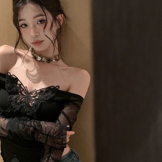 Áo thun đen tay dài lệch vai ôm dáng thời trang dành cho nữ