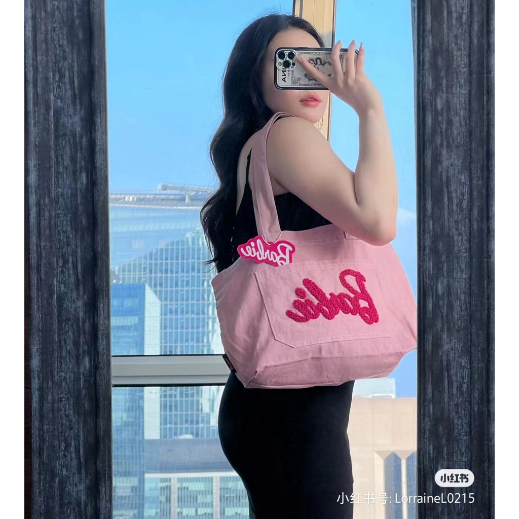 Túi Hồng Búp Bê barbie riconini Hoa Hồng! Túi Xách Tay Bằng Vải canvas Cỡ Lớn Thêu Trang Trí Dễ Thương Dành Cho Nữ