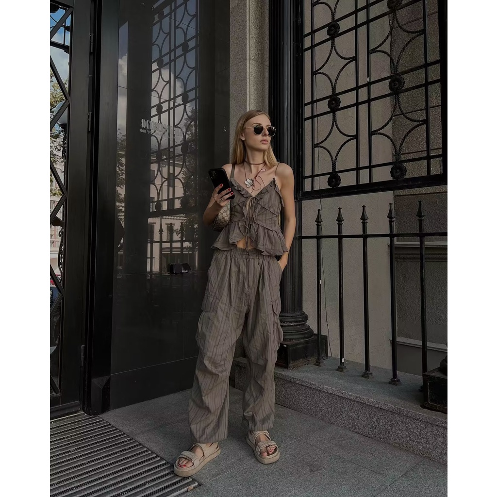 Zara Bộ Áo Lót Nhiều Lớp + Quần Yếm Lưng Cao Thời Trang Mùa Thu Cá Tính7896607 7770607