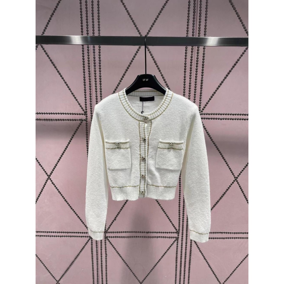 PG5L MIUMIU temperament gold thread love button knitted cardigan for women 2023 early autumn new fashion all-match slimming sweater short coat