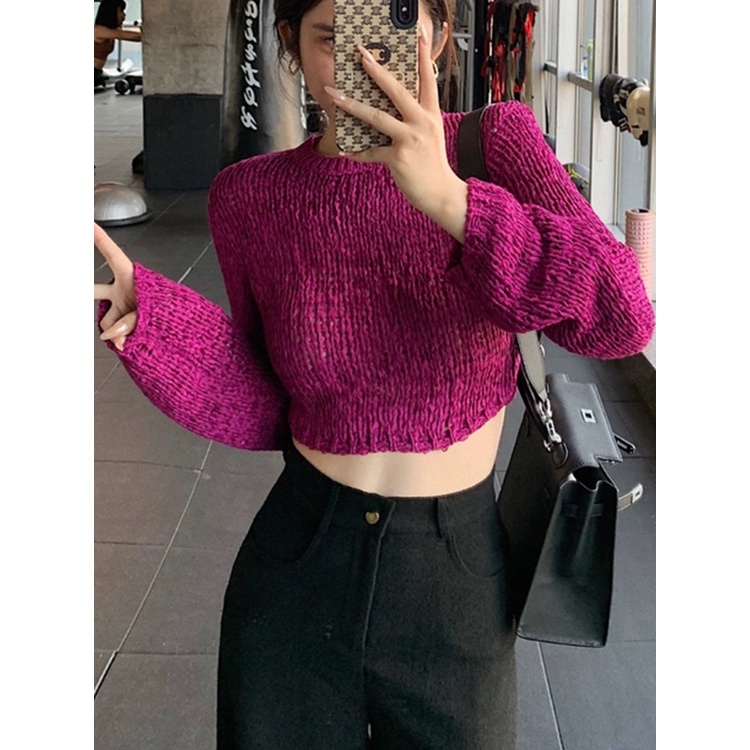 YOYO~Áo sweater Dệt Kim Tay Dài Chui Đầu Khoét Vai Thời Trang Mùa Thu 2023