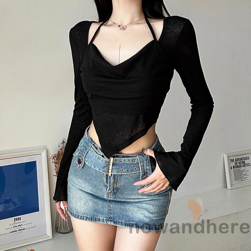 Áo Thun Nữ Dài Tay Cổ Khoét Sâu Màu Sắc Thời Trang