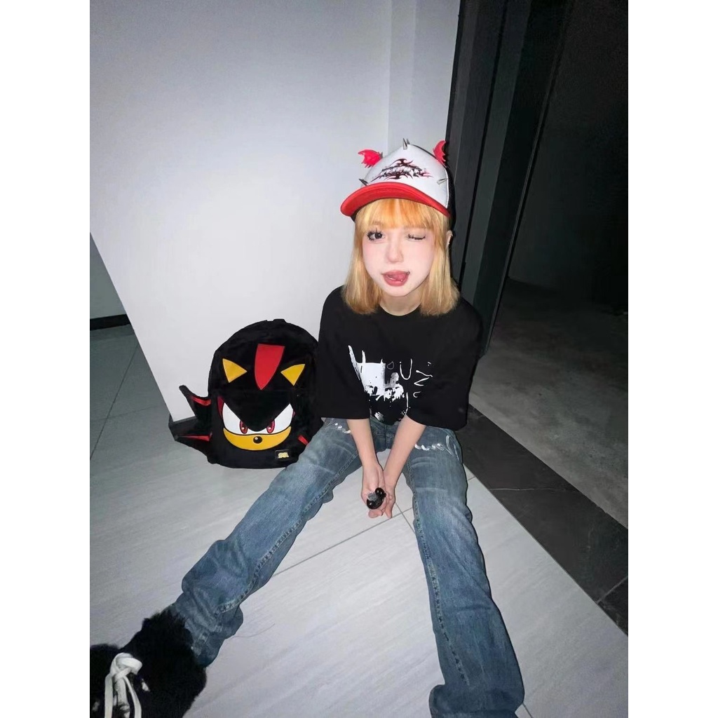 Balo y2k Wlgs Balo Nhung Lông Màu Đen Bóng sonic Cho Cặp Đôi