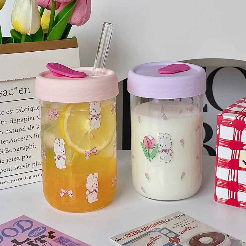 Ulip Bình Nước Thủy Tinh 450ml Có Ống Hút Hình Thỏ Hoạt Hình Dễ Thương Cho Học Sinh