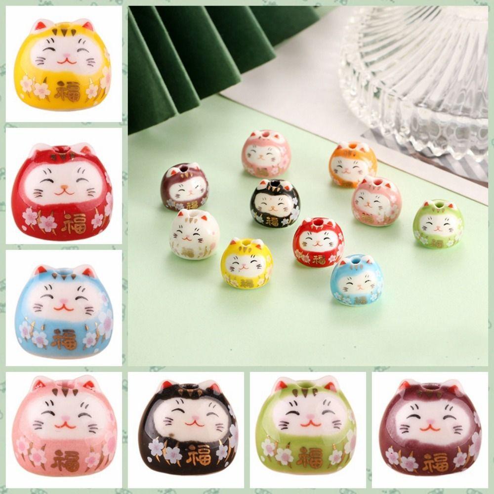 Giovanni Set 2 Hạt Gốm Sứ Hình Mèo May Mắn Nhiều Màu Sắc May Mắn Có Lỗ Xỏ Hạt Làm Trang Sức