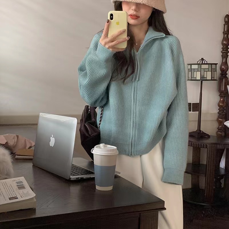 Áo Khoác Len Dệt Kim Phối Khóa Kéo Phong Cách retro Thời Trang Dành Cho Nữ