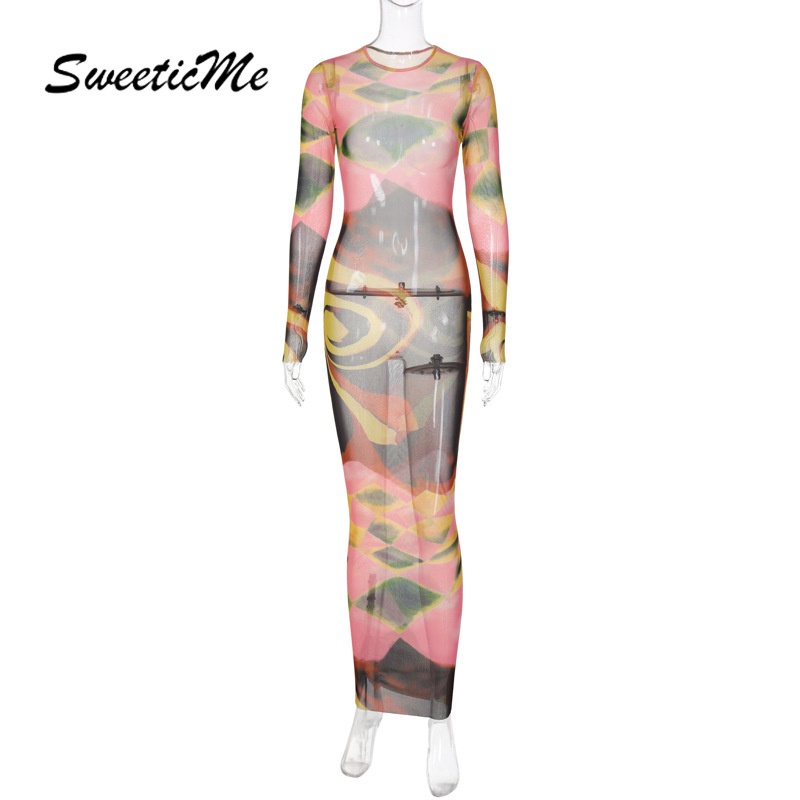 Sweeticme Đầm Dài Tay Cổ Tròn Phối Màu Tương Phản Thời Trang 2023 Cho Nữ