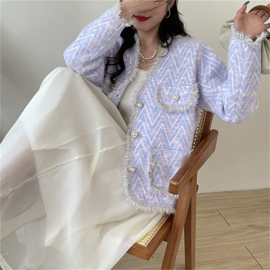 PAN Tweed Tassel-đan Cardigan Nữ Áo khoác len giả chồn xuống hoa oải hươngMàu hồng tím