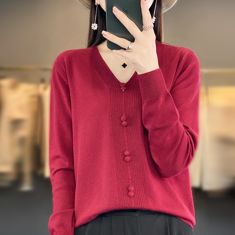 Áo sweater Dệt Kim Chui Đầu Cổ Chữ v Tay Dài Cài Nút Màu Trơn Phối Chi Tiết Pompom Cho Nữ