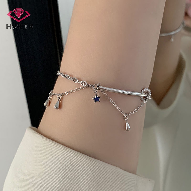 Hwetr Vòng Tay Dây Xích Mặt Ngôi Sao Năm Cánh Màu Xanh Dương Thanh Lịch Có Thể Điều Chỉnh Thời Trang Phong Cách Hàn Quốc Cho