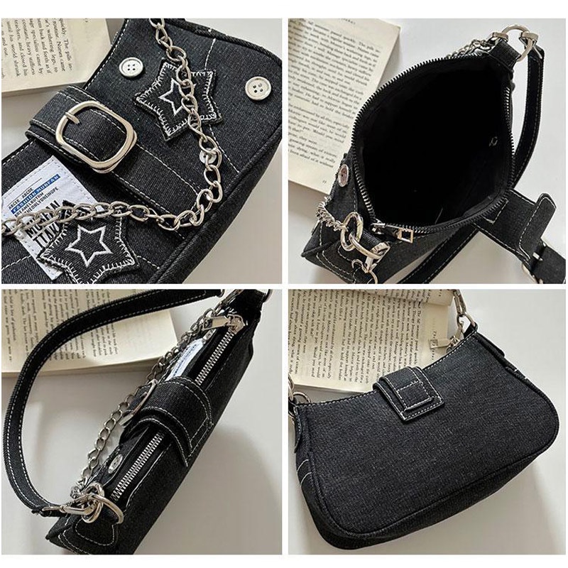 QFDI Túi denim Đeo Vai / Đeo Cánh Tay Cài Nút Họa Tiết Ngôi Sao Cổ Điển Có Dây Xích Cầm Tay Cho Nữ