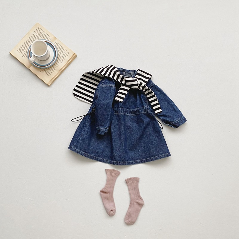 Đầm denim Tay Dài Buộc Dây Eo Phong Cách Hàn Quốc Thời Trang Mùa Thu Cho Bé Gái hy0c