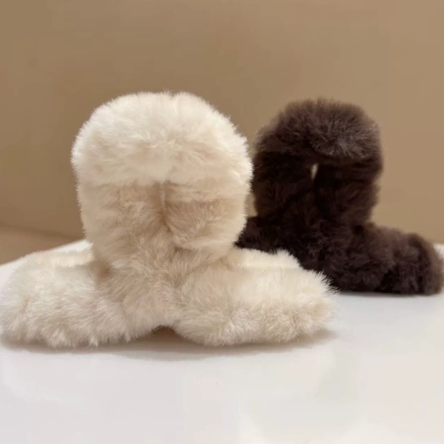 Kẹp Tóc Đính Lông Thỏ Giả Màu Cà Phê / Cà Phê 2023 Màu Sắc Đơn Giản