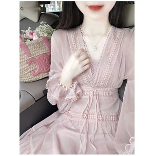 Đầm hồng cổ chữ v tay phồng thời trang xuân thu cao cấp cho nữ