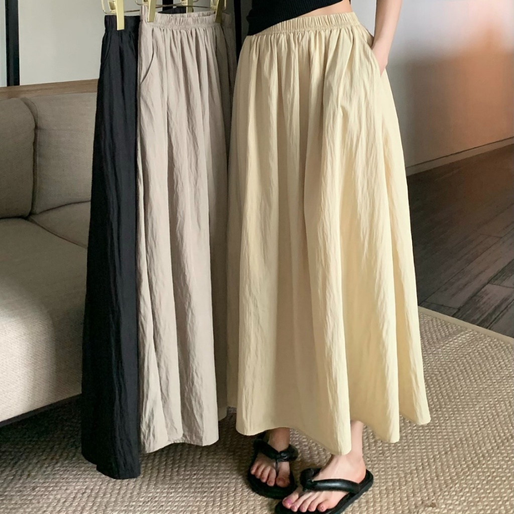 Phong Cách Mới Của Các Nàng Nếp Gấp Mùa Hè Váy Dài Vừa Phải Chân Váy Chữ A Lưng Cao
