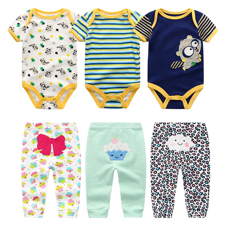 Set Đồ 3 Món Gồm Áo Liền Quần + 3 Quần Dài 100% cotton Cho Bé Sơ Sinh 0-12 Tháng