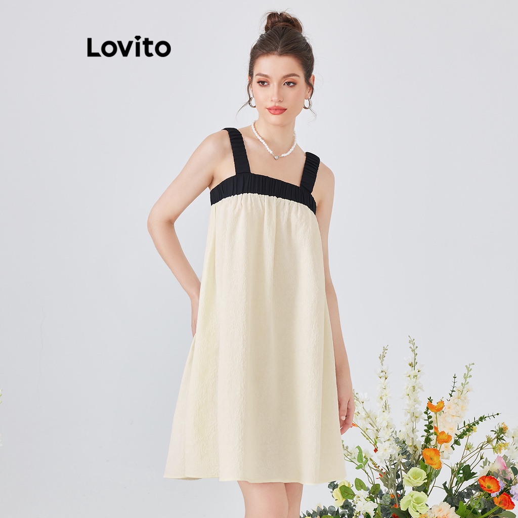 Đầm Lovito phong cách dễ thương màu trơn phối viền tương phản xếp nếp dành cho nữ L54ED105