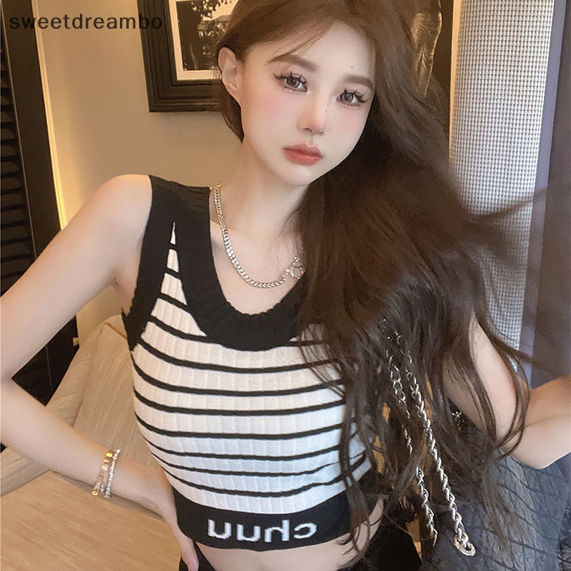 Áo Dệt Kim Sát Nách Cổ Tròn Họa Tiết Kẻ Sọc Màu Tương Phản Thời Trang Mùa Hè Cho Nữ