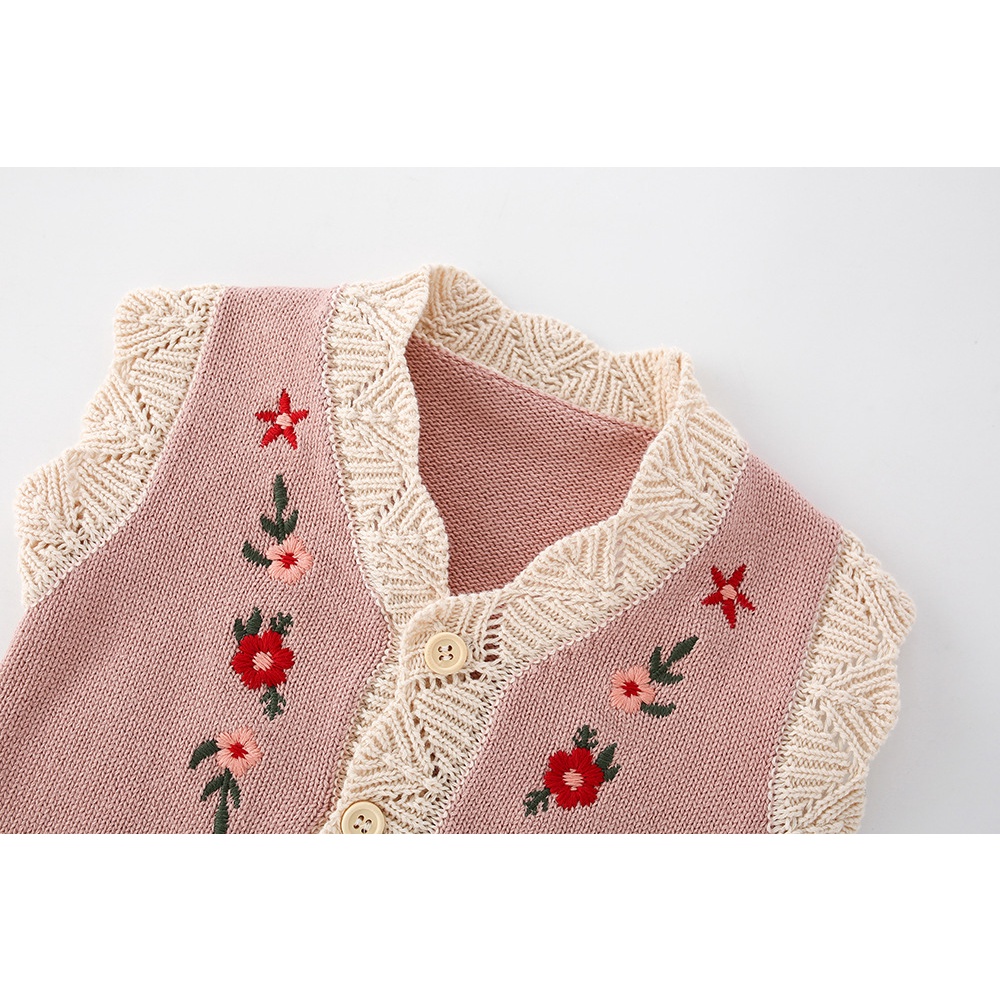 Mới Áo Khoác cotton Dệt Kim Cổ Chữ v Thêu Hoa Phong Cách vintage Dành Cho Bé Gái Thời Trang