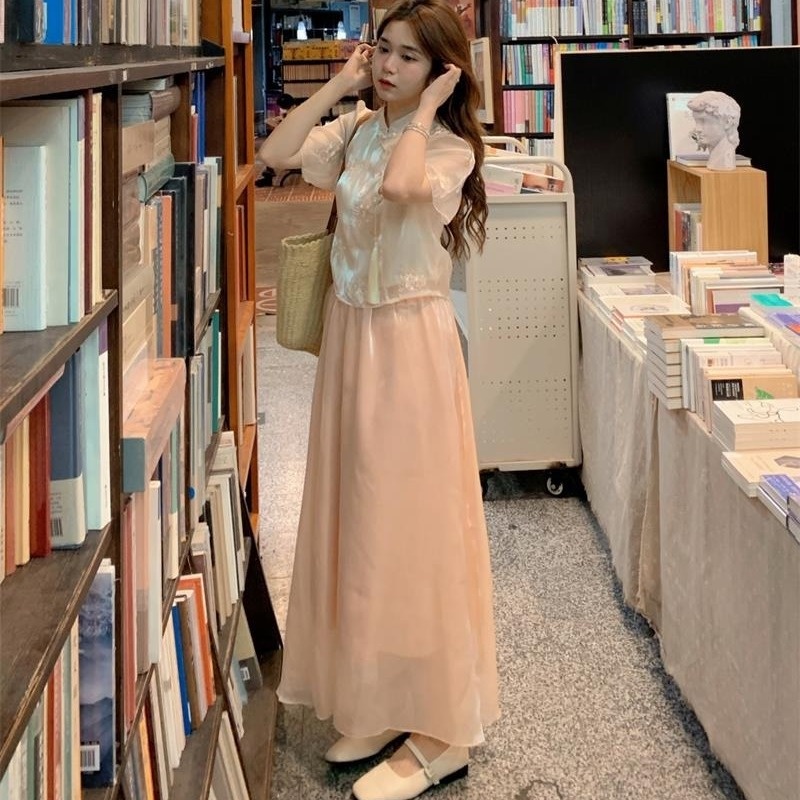 Bộ Áo Sơ Mi Hồng Tay Ngắn Kèm Chân Váy Lưng Cao Phong Cách Trung Hoa Thời Trang Mùa Hè 2023#23918