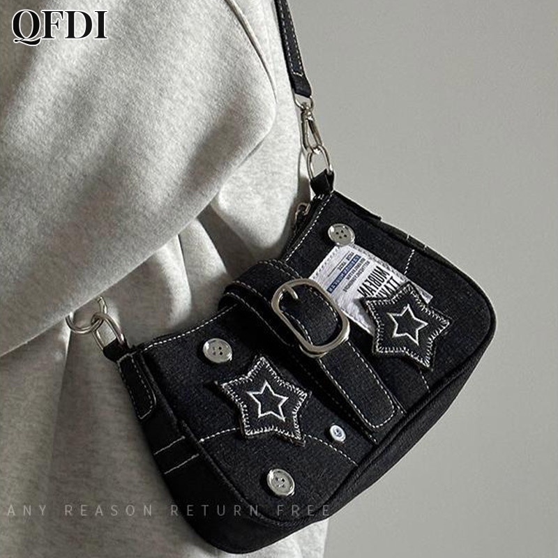 QFDI Túi denim Đeo Vai / Đeo Cánh Tay Cài Nút Họa Tiết Ngôi Sao Cổ Điển Có Dây Xích Cầm Tay Cho Nữ