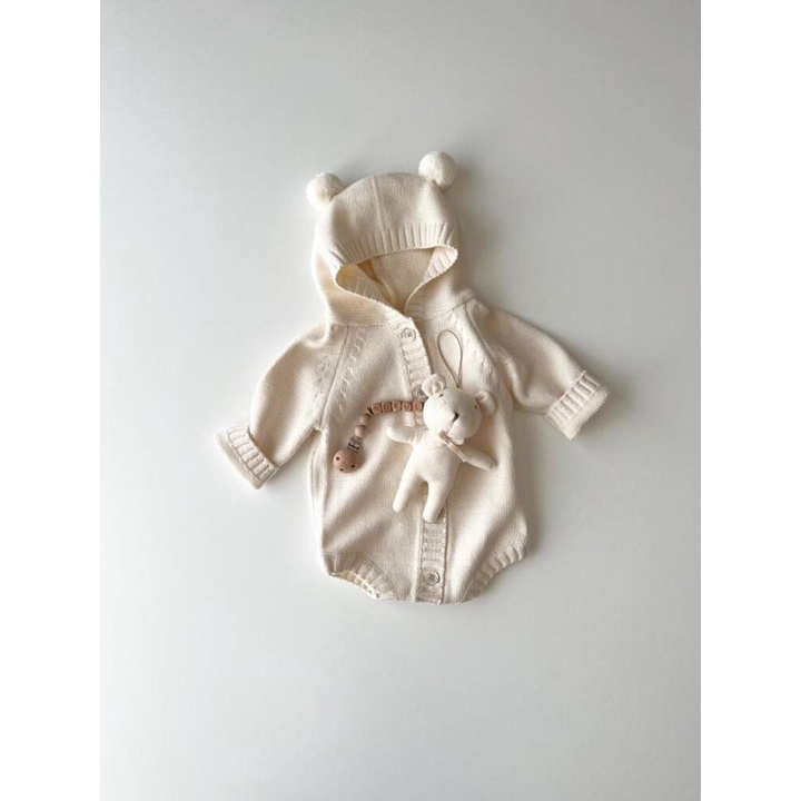 Bộ Áo Liền Quần Màu Trơn Tai Thỏ Dễ Thương Cho Bé Trai Sơ Sinh