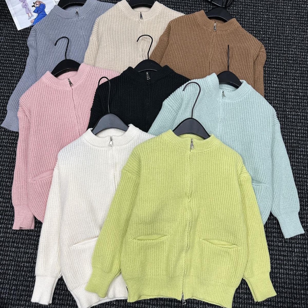 Áo khoác len trơn kéo khoá xẻ 2 chiều chất len dệt kim dày Vivienne