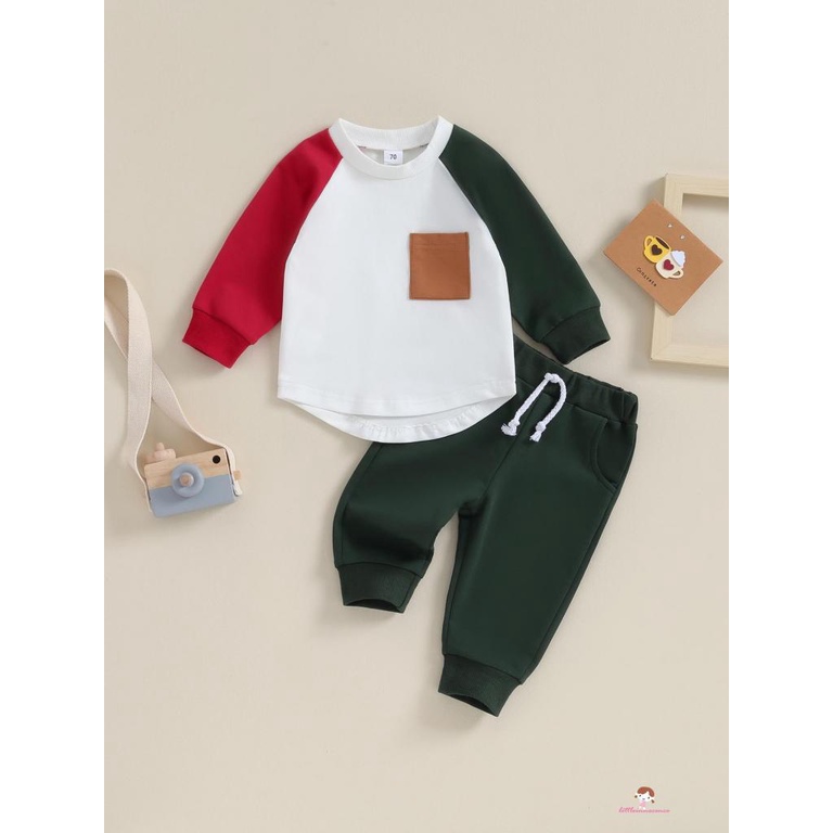 Set Đồ 2 Món Áo Tay Dài Phối Màu Tương Phản Phối Quần Dây Rút Thời Trang Cá Tính Cho Bé Trai