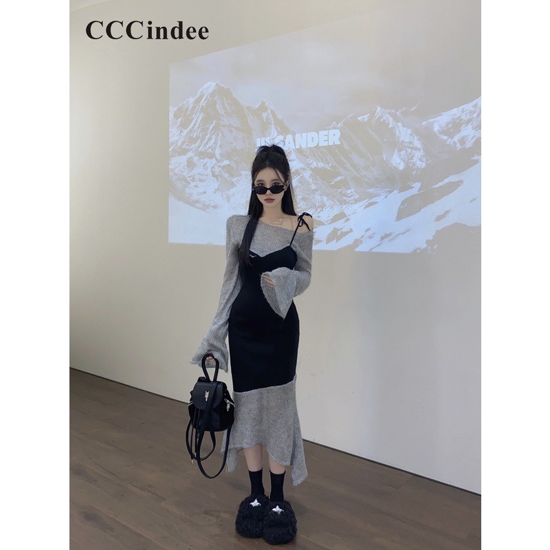 Cccindee Đầm Nữ Tay Dài Hở Vai Phối Màu Tương Phản Thời Trang 2023