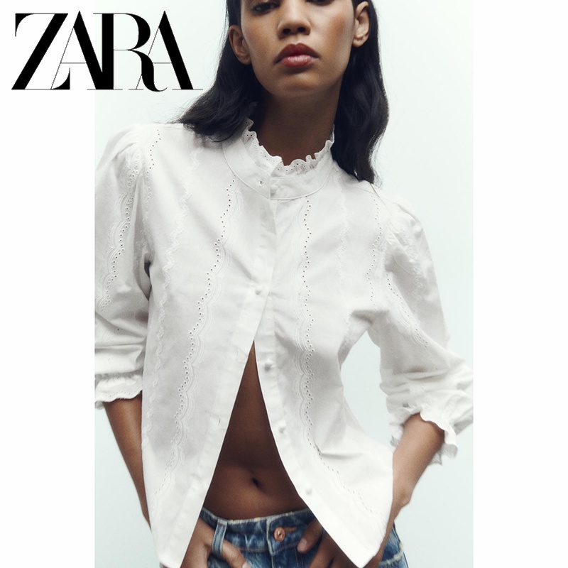 Zara Áo Sơ Mi Trắng Thêu Họa Tiết Thời Trang Mùa Thu Cho Nữ