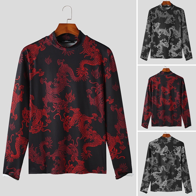 INCERUN Áo Thun Tay Dài In Hình Rồng Cá Tính Phong Cách retro Hợp Thời Trang Cho Nam