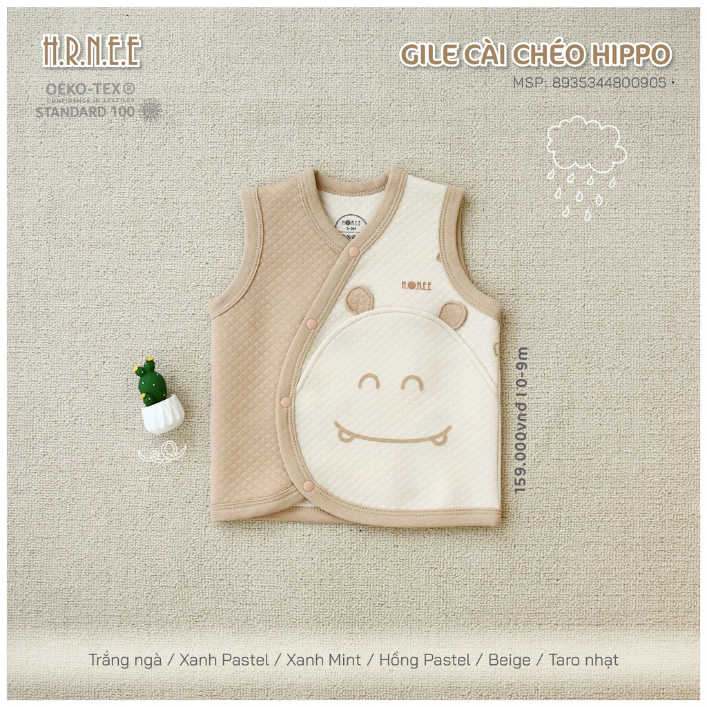 H.R.N,E.E -  Áo gile trần bông cài chéo Hippo cho bé trai bé gái từ 0m đến 6-9m