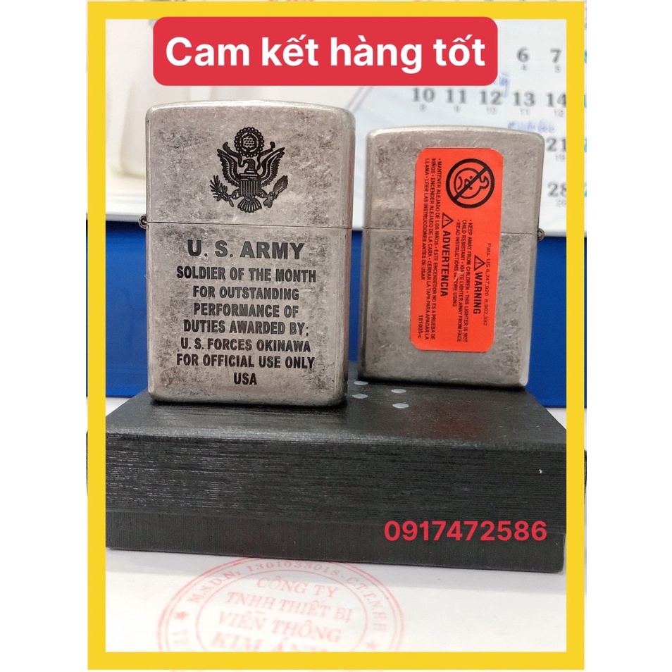 Vỏ bật lửa Zippo Khắc Chìm U.S ARMY Bạc Giả Cổ, Vỏ bằng đồng, có tem đỏ