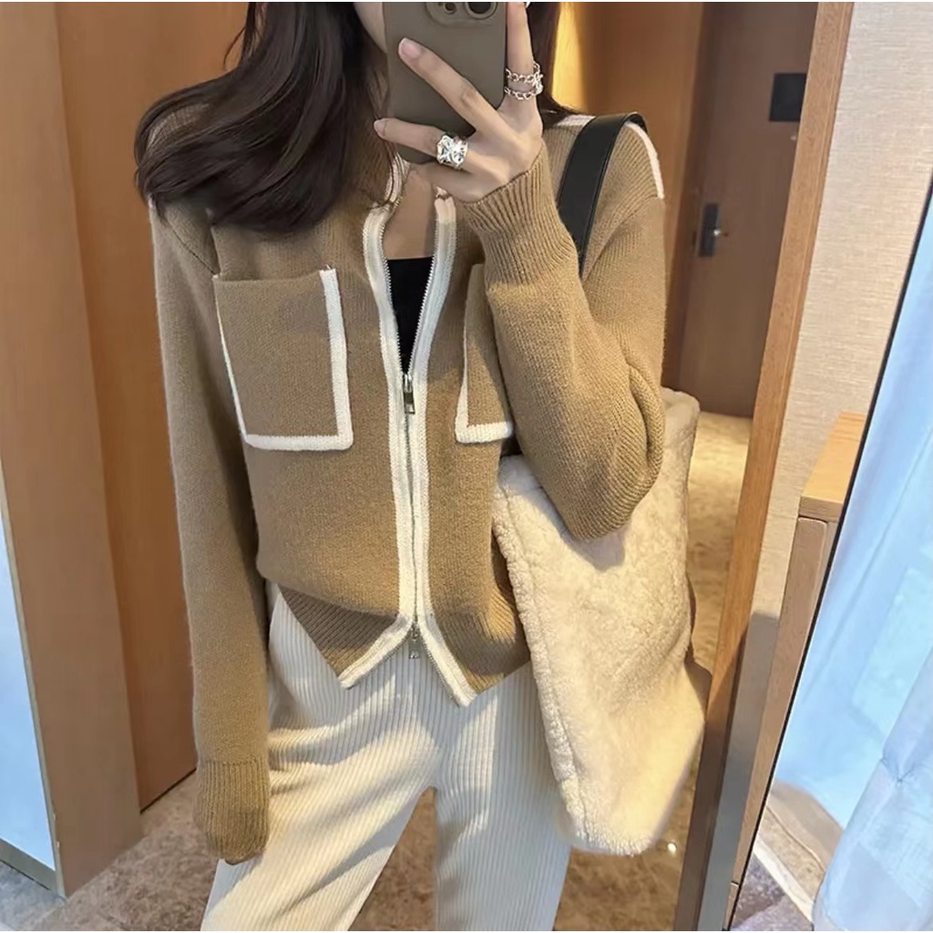 Sugemiusi Áo Khoác cardigan Dệt Kim Hai Đầu Phối Khóa Kéo Phong Cách chanel Thời Trang Thu Đông Dành Cho Nữ