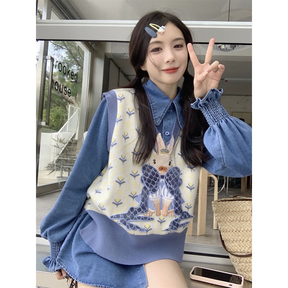 Hoạt Hình Áo Dệt Kim Sát Nách Cổ Chữ v In Hình Thỏ Dễ Thương Cho Nữ