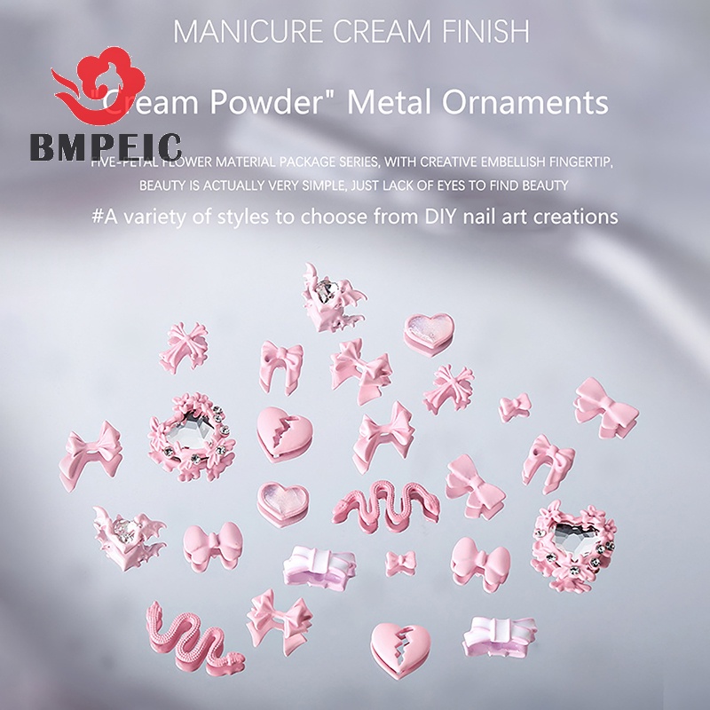 Set 5 Phụ Kiện Trang Trí Móng Tay 3d Bằng Kim Loại Hình Nơ Và Trái Tim Đáng Yêu Cho Nữ Mới