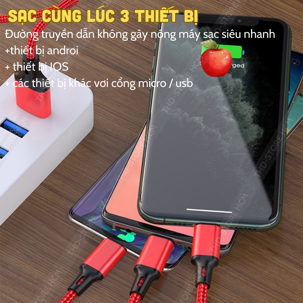 Cáp sạc 3 đầu X82 G01 dây dù lõi đồng hợp kim nhôm không nóng máy cho các dòng điện thoại