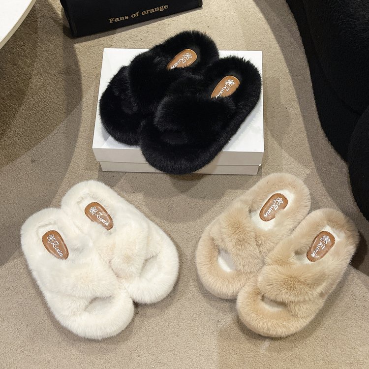 Dép Bông Quai Chéo Màu Sắc Trơn Đế Bằng Phối Lông Nhân Tạo Phong Cách Hàn Quốc