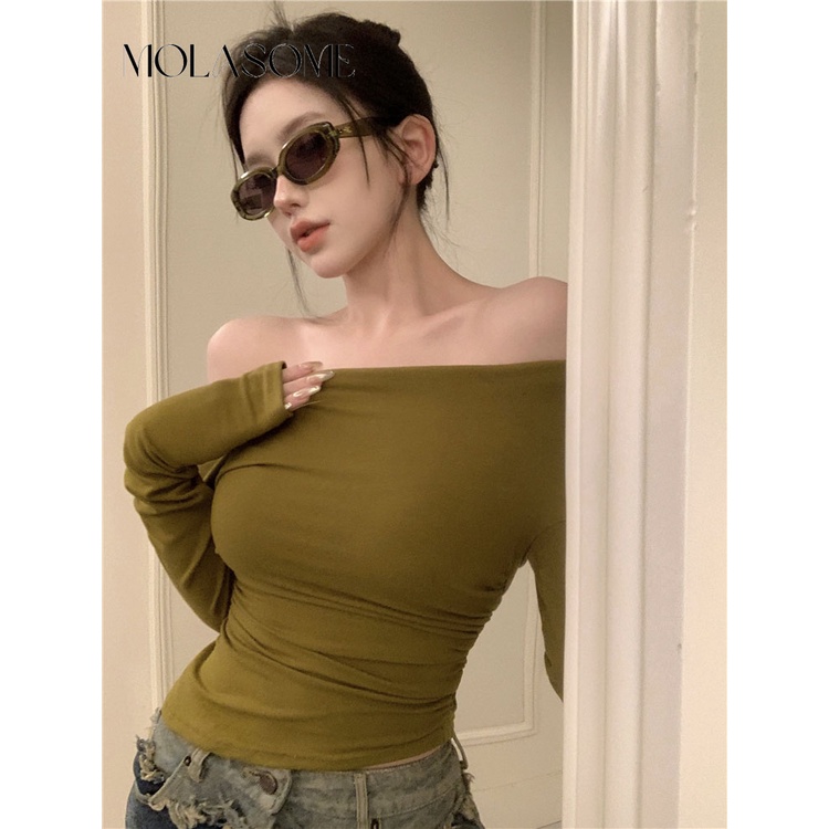 Polaroisome Áo Thun Tay Dài Hở Vai Màu Trơn Thời Trang Mới 2023 Dành Cho Bạn Nữ