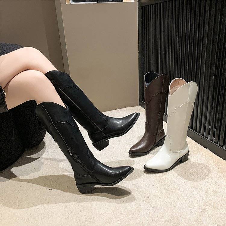 Giày Bốt Cao Bồi Mũi Nhọn Gót Dày Có Khóa Kéo Phía Sau size Lớn 35-42 Cho Nữ