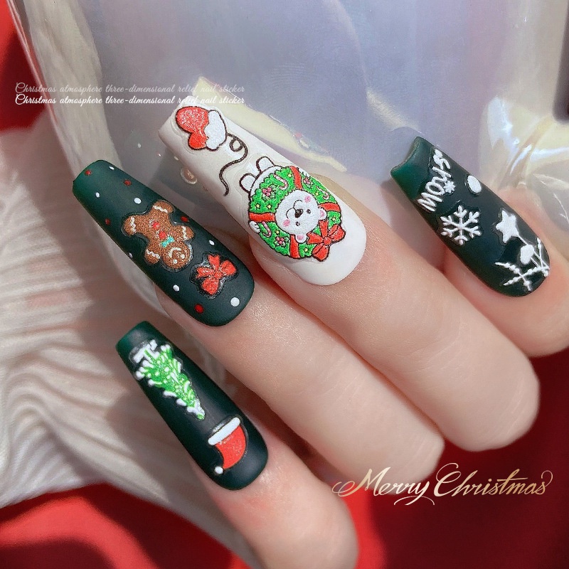 Miếng Dán Trang Trí Móng Tay In Nổi Họa Tiết Hoạt Hình Giáng Sinh  / Miếng Dán Móng Tay 3d Hình Ông Già Noel / Người Tuyết /