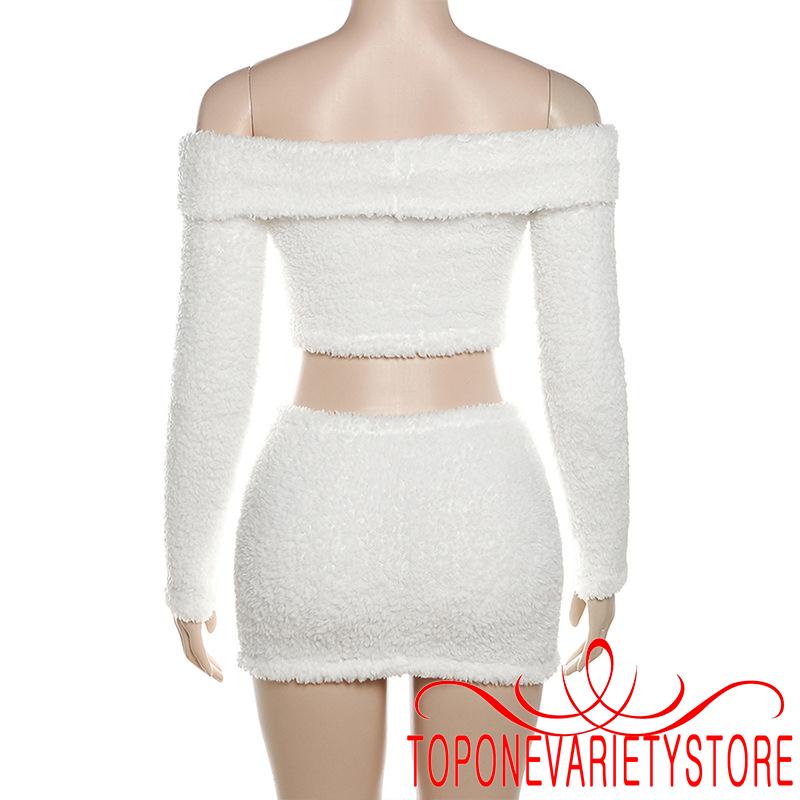 Set Áo Croptop Trễ Vai Tay Dài Cổ Thuyền + Chân Váy Ngắn Màu Trơn Thời Trang Cho Nữ